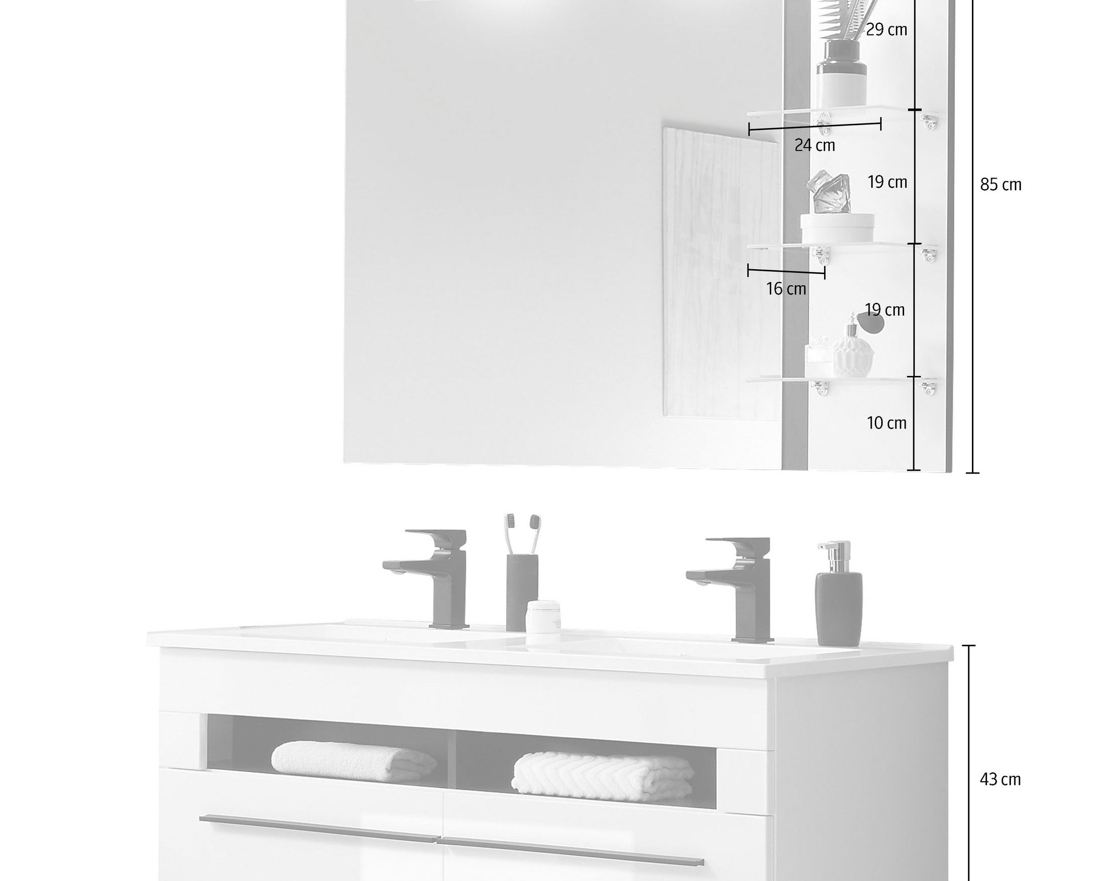 Set mobilier baie Panarea, 120 cm, lavoar dublu, oglindă cu raft și iluminare LED, alb lucios, MDF și PAL melaminat Arboteca