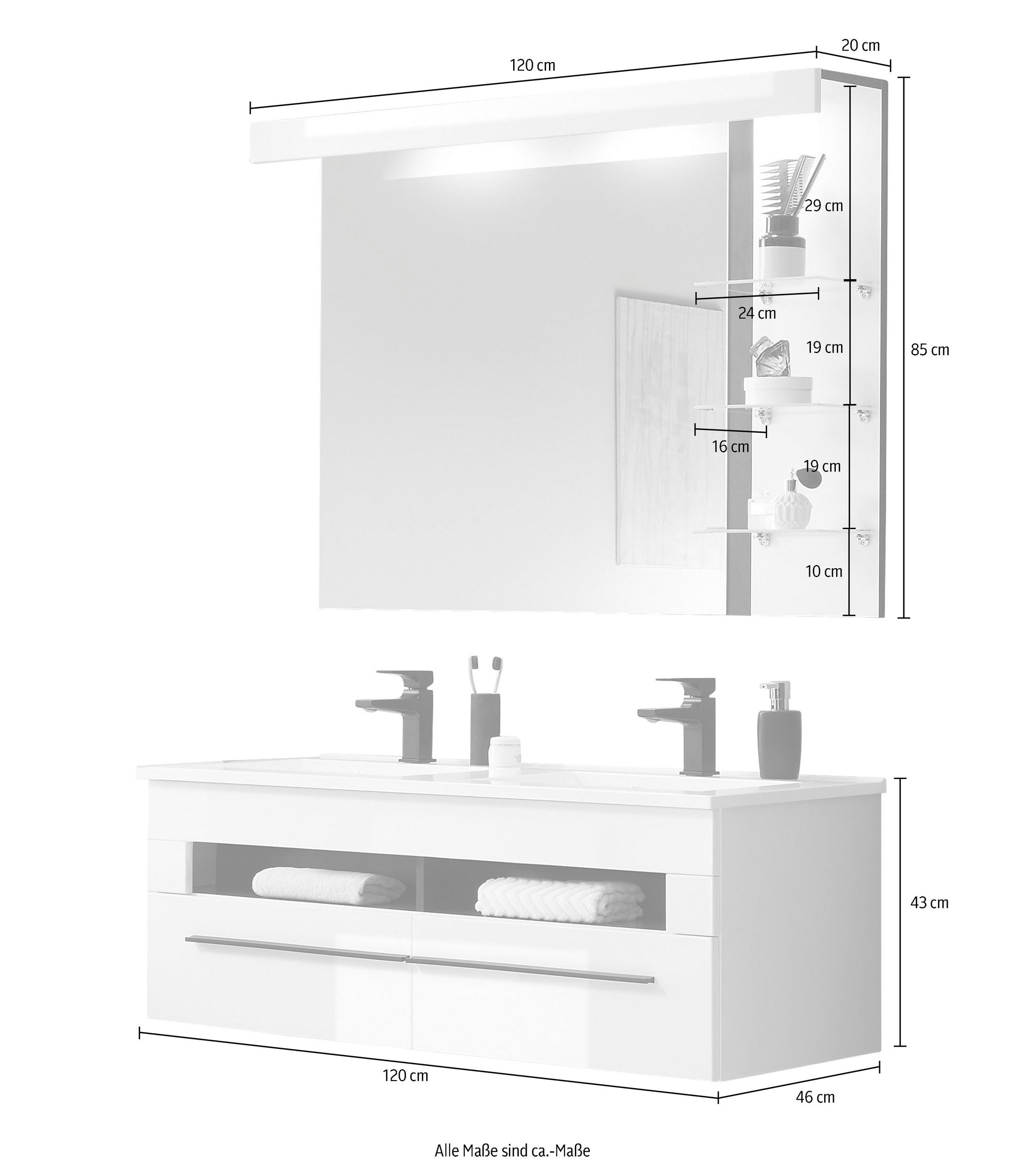 Set mobilier baie Panarea, 120 cm, lavoar dublu, oglindă cu raft și iluminare LED, alb lucios, MDF și PAL melaminat Arboteca