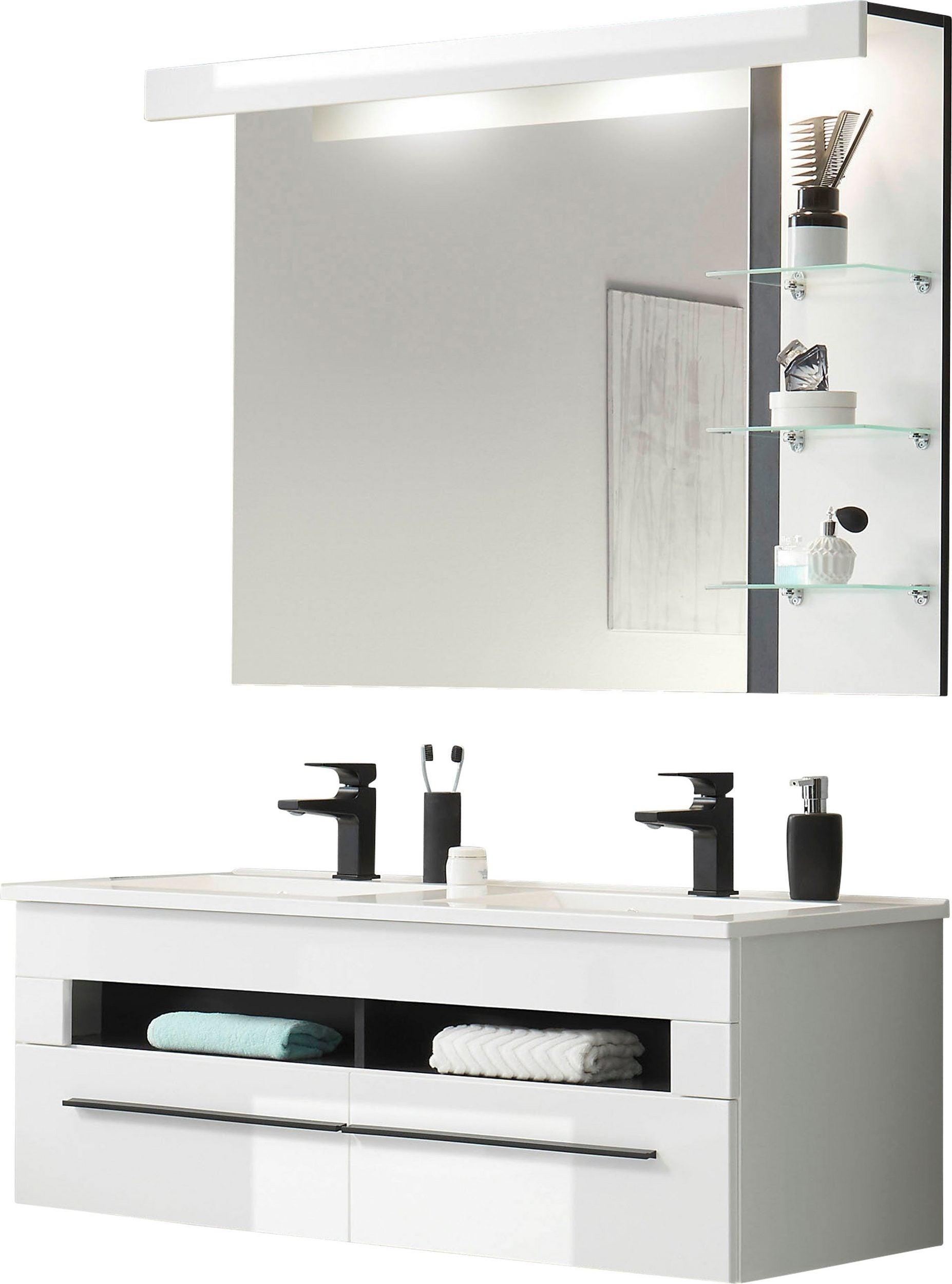 Set mobilier baie Panarea, 120 cm, lavoar dublu, oglindă cu raft și iluminare LED, alb lucios, MDF și PAL melaminat Arboteca