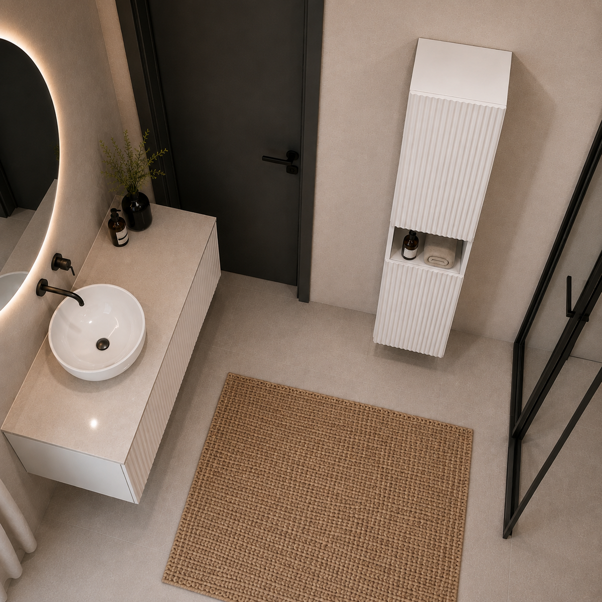 Soldat de baie ANACAPRI alb suspendat, 2 uși și nișă deschisă, MDF riflat vopsit, 34x32x170 cm Arboteca