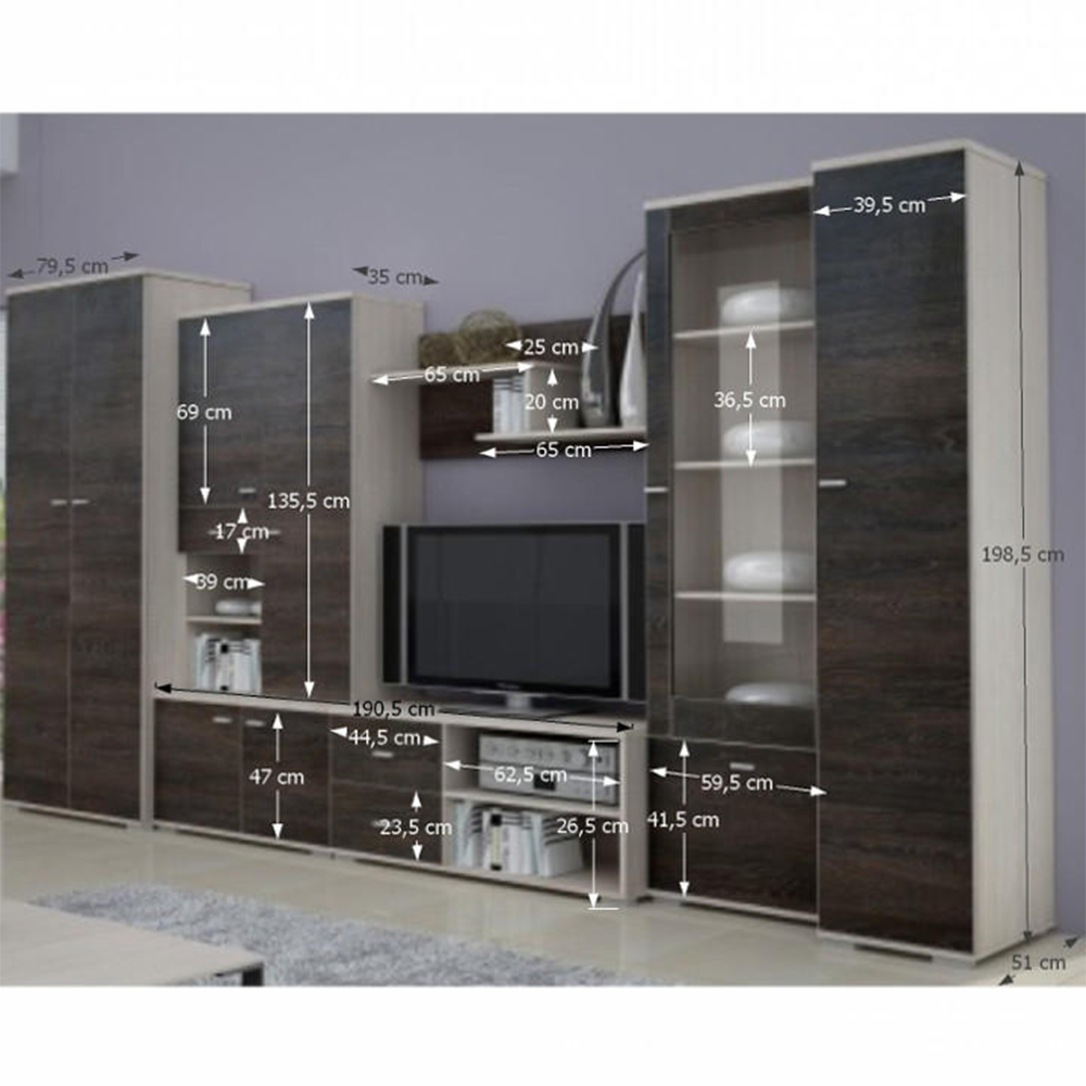 Mobilier living, frasin/stejar american, 370x51x199 cm Kondela
