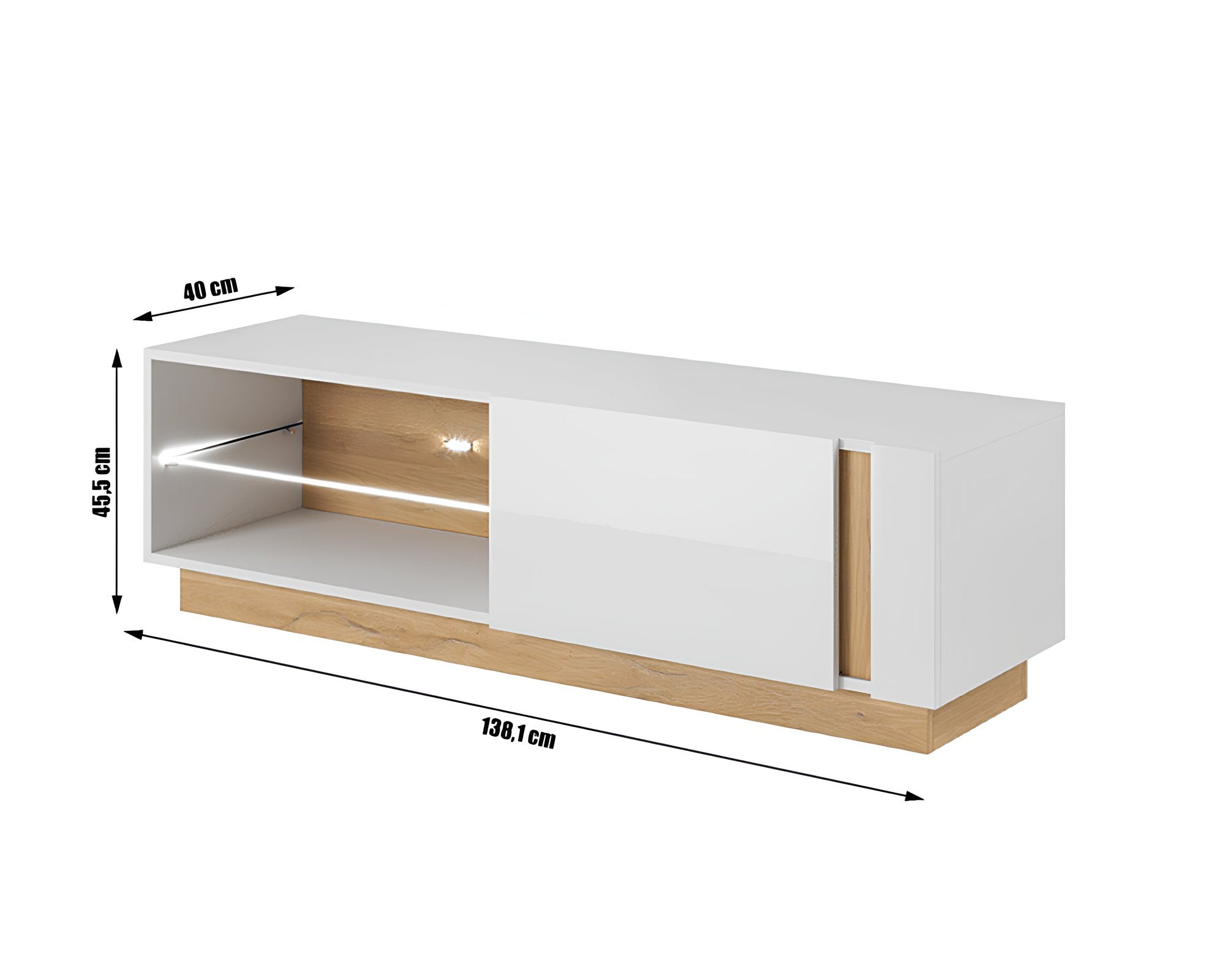 Comodă TV CITY 138, alb/stejar grandson, 1 ușă PUSH, 138 cm Kondela