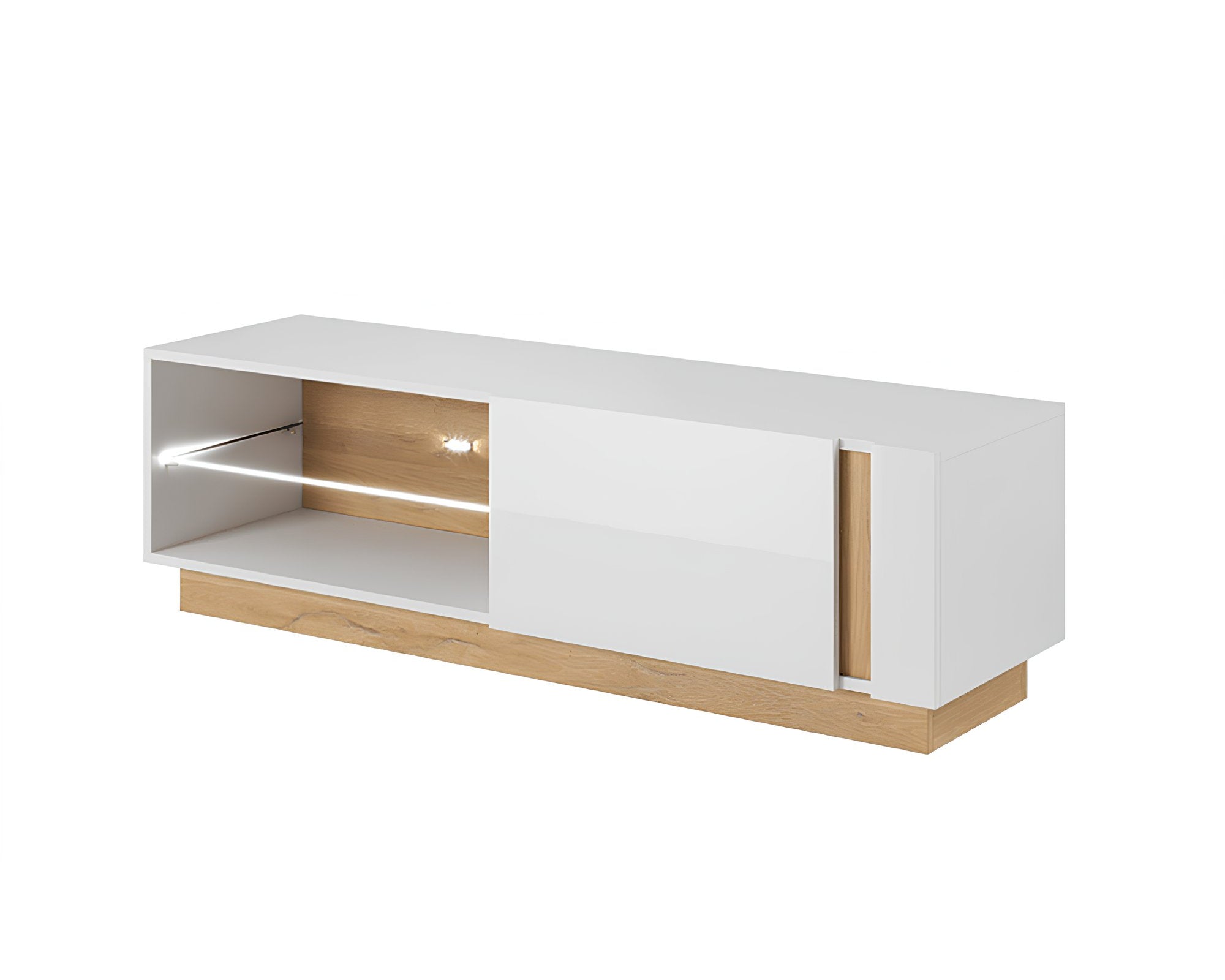 Comodă TV CITY 138, alb/stejar grandson, 1 ușă PUSH, 138 cm Kondela