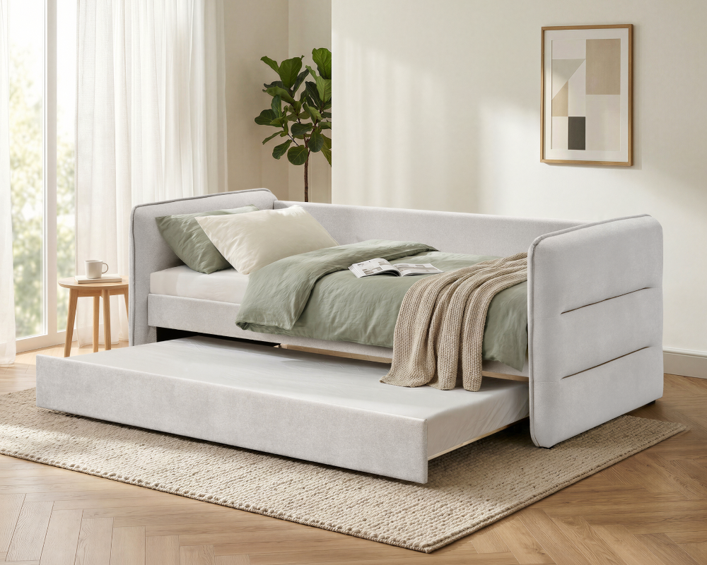 Pat extensibil TRINIA, gri-bej, 90x200 cm, cu pat suplimentar Kondela
