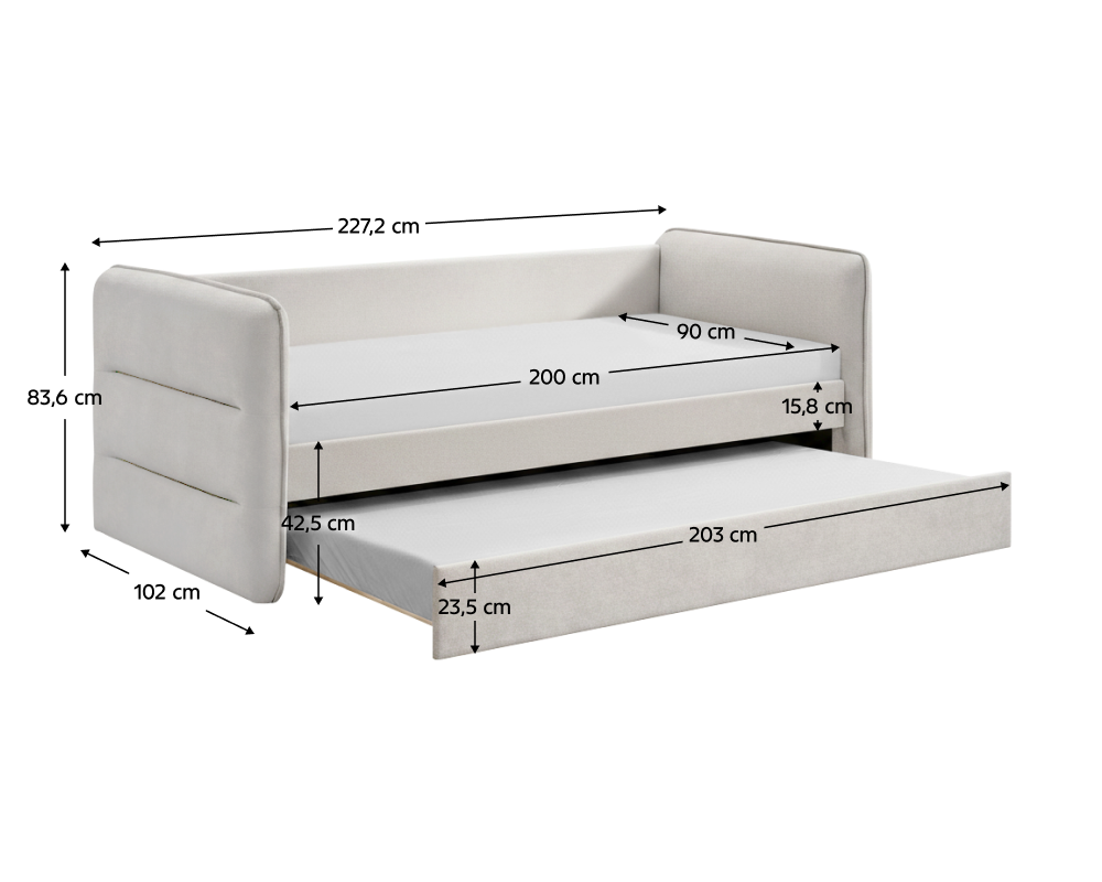 Pat extensibil TRINIA, gri-bej, 90x200 cm, cu pat suplimentar Kondela