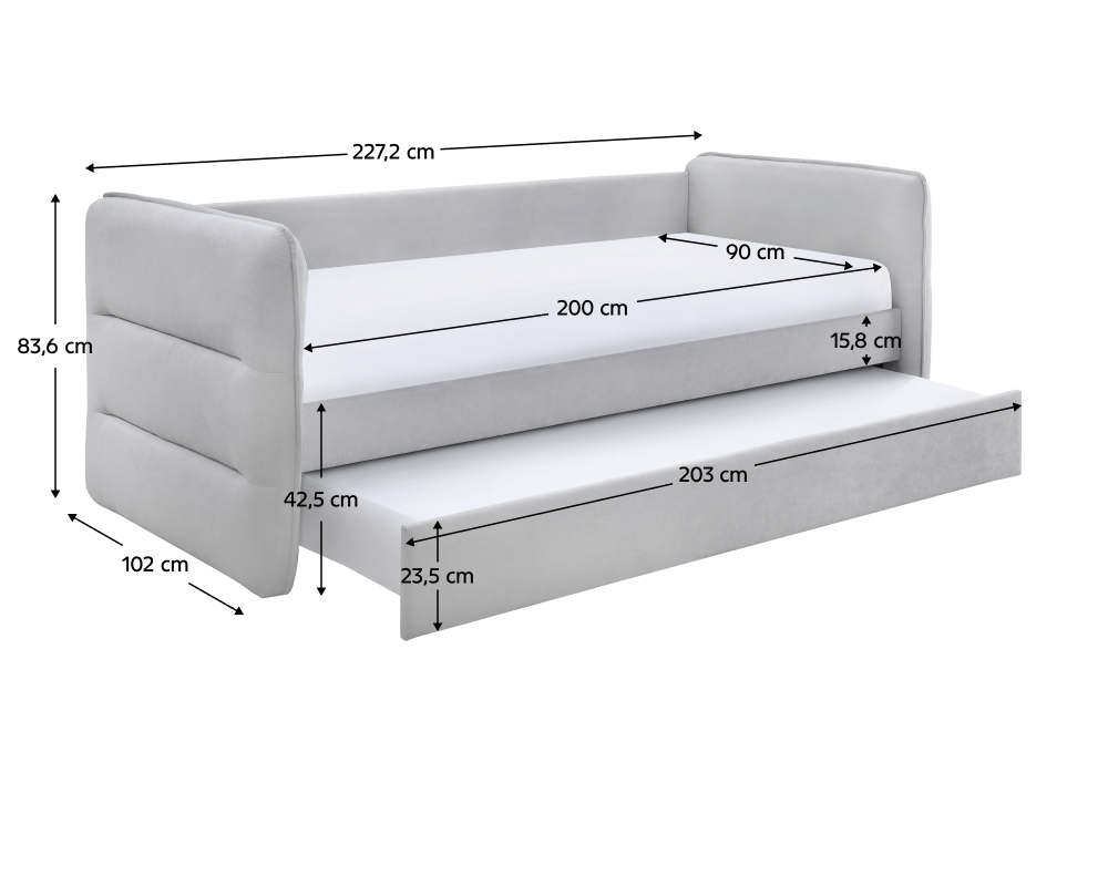 Pat extensibil TRINIA, gri, 90x200 cm, cu pat suplimentar Kondela