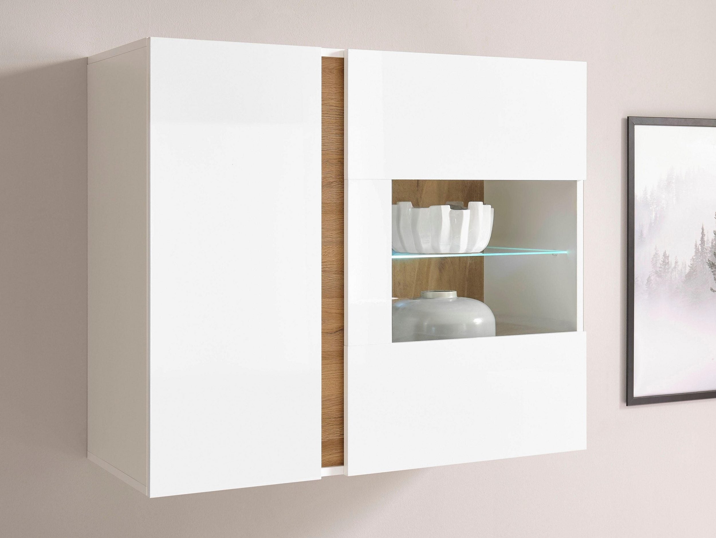 Vitrină Suspendată CLAIR – Alb Lucios/Stejar Grandson, 2 Uși, Inserție din Sticlă, 97x40x83 cm Arboteca