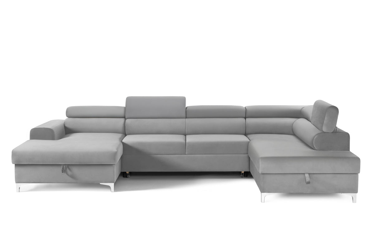Colțar Extensibil, în formă de U, TIME NEW, cu 2 lăzi de depozitare, cu tetiere reglabile, 360x220x95 cm Gri-Silver-Velluto Prestige Home