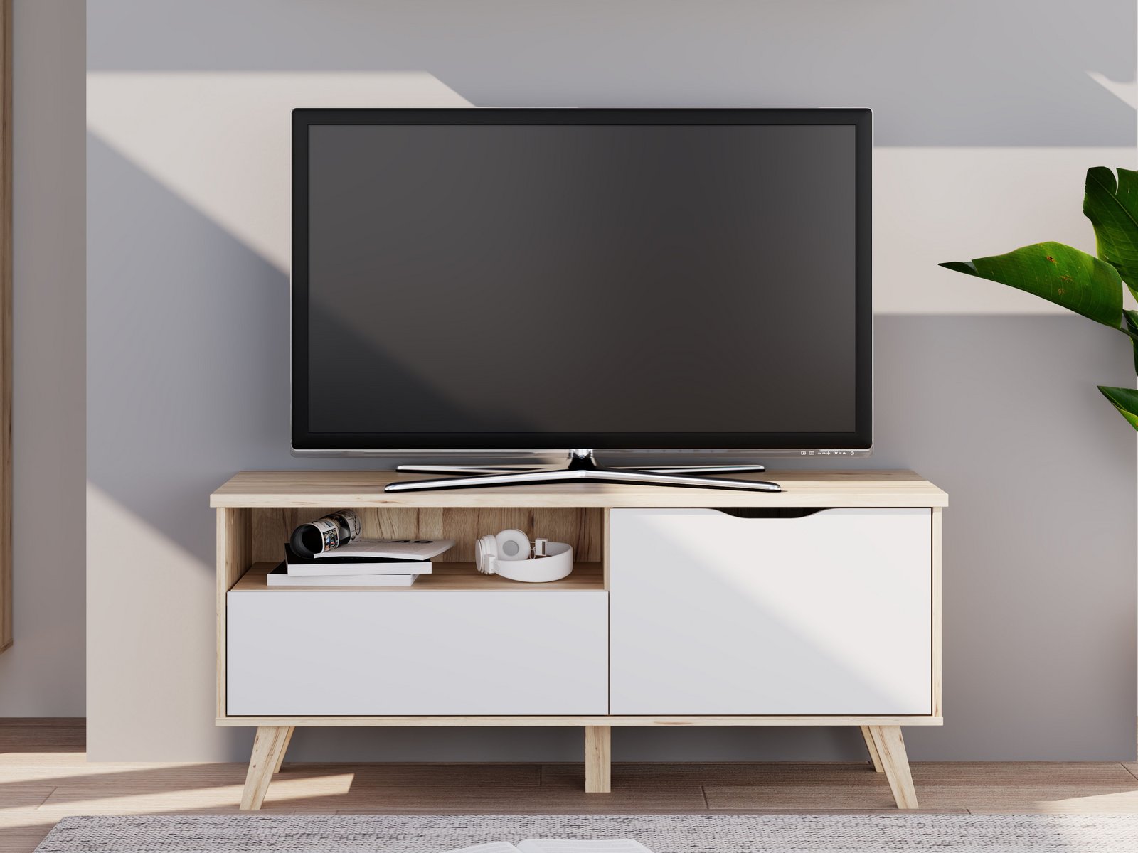 Comodă TV Vankka scandinavă, alb/lemn, 124×54×41 cm, picioare lemn masiv Arboteca