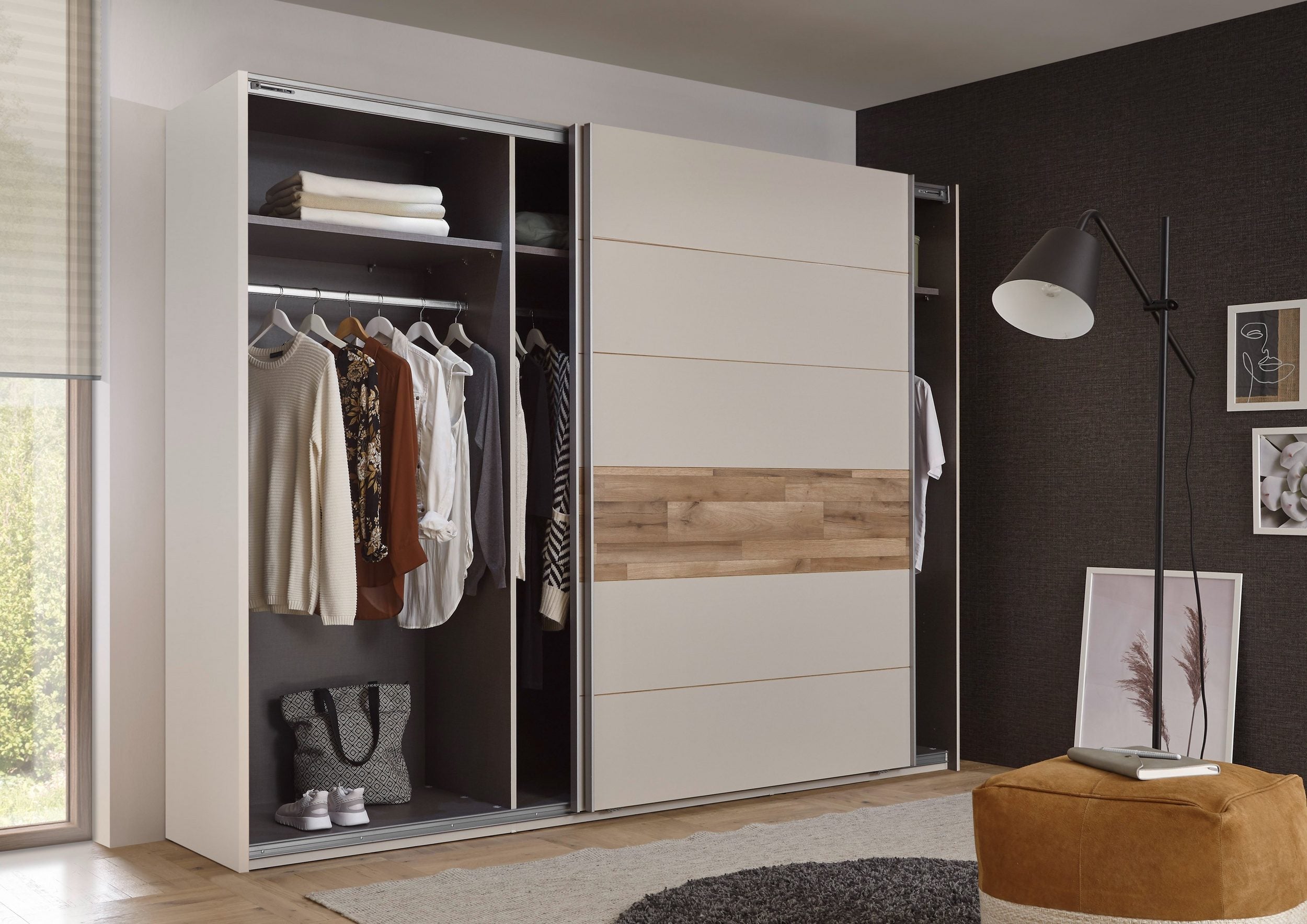 Dulap cu uși glisante Cadore, 2 uși, PAL, Champagne / Stejar Montana, 270×60×210 cm Arboteca