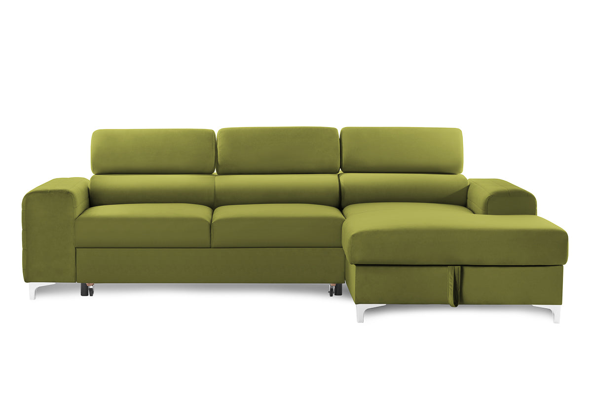 Colțar Extensibil LOFT NEW, cu lada depozitare, tetiere reglabile, 290x170x95 cm Verde-Olive-Velluto Prestige Home