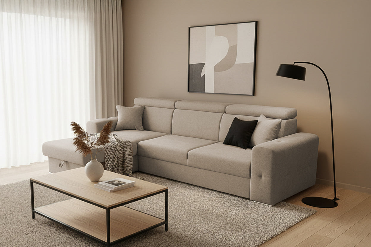 Colțar Extensibil BELLAGIO, șezlong interschimbabil, cu ladă de depozitare, cu tetiere reglabile, 280x170x100 cm Prestige Home