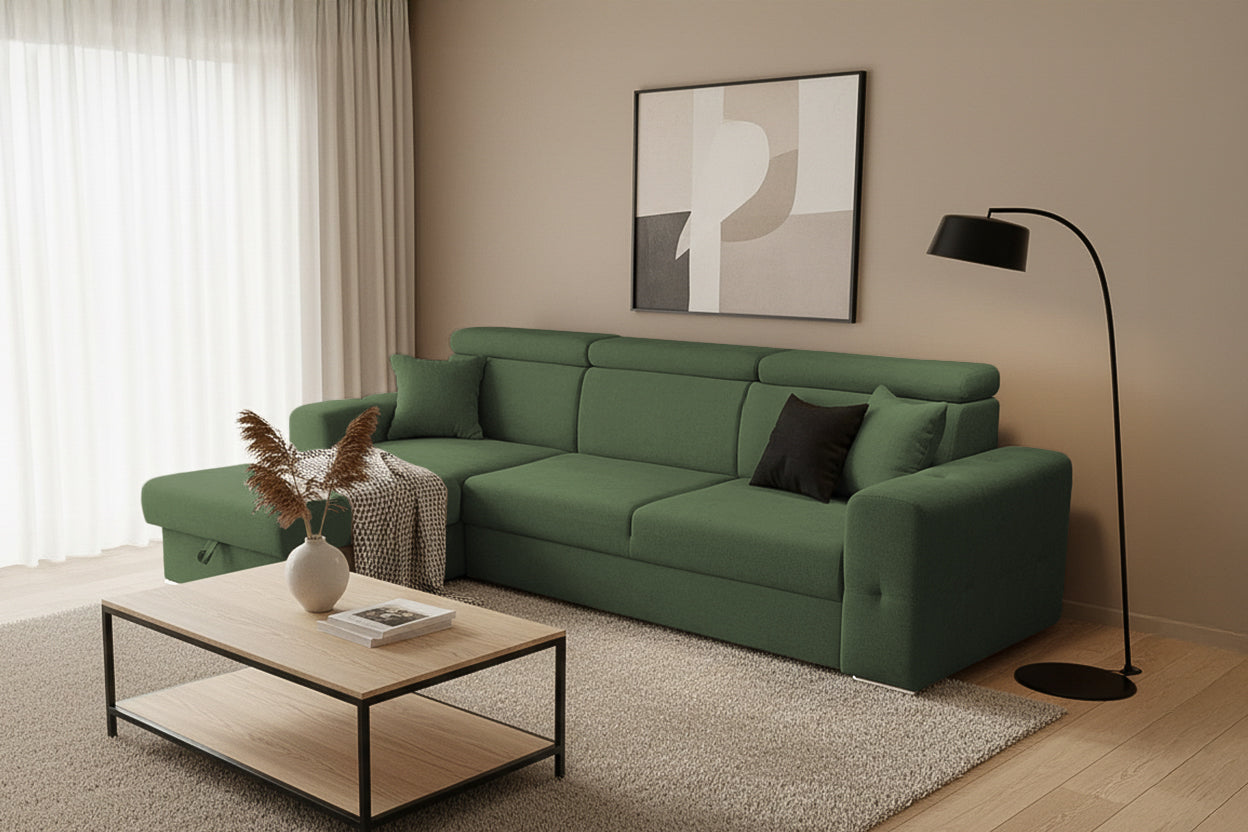 Colțar Extensibil BELLAGIO, șezlong interschimbabil, cu ladă de depozitare, cu tetiere reglabile, 280x170x100 cm Prestige Home