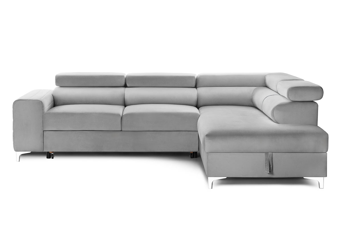 Colțar Extensibil TIME NEW, cu lada depozitare, tetiere reglabile, 285x220x95 cm Gri-Silver-Velluto Prestige Home