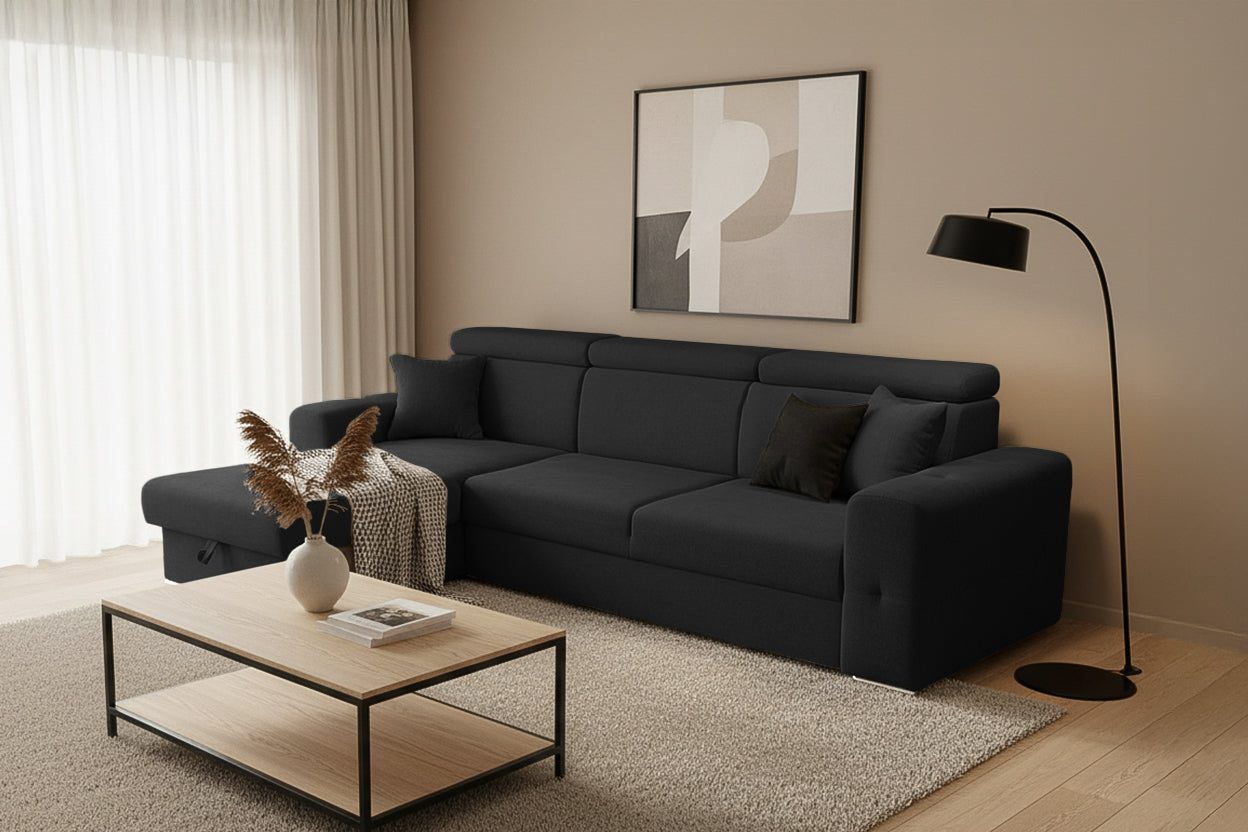 Colțar Extensibil BELLAGIO, șezlong interschimbabil, cu ladă de depozitare, cu tetiere reglabile, 280x170x100 cm Prestige Home