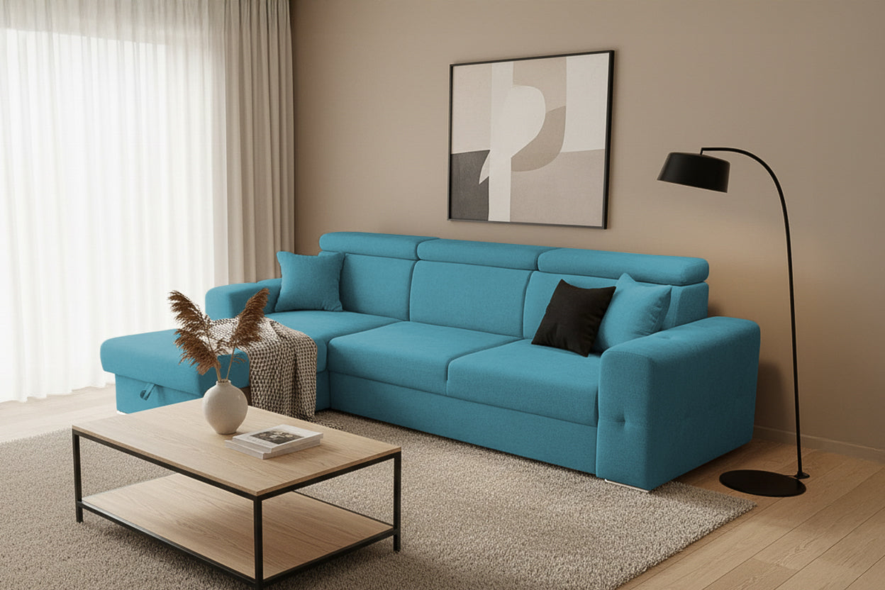 Colțar Extensibil BELLAGIO, șezlong interschimbabil, cu ladă de depozitare, cu tetiere reglabile, 280x170x100 cm Prestige Home