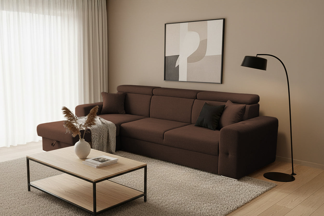 Colțar Extensibil BELLAGIO, șezlong interschimbabil, cu ladă de depozitare, cu tetiere reglabile, 280x170x100 cm Prestige Home
