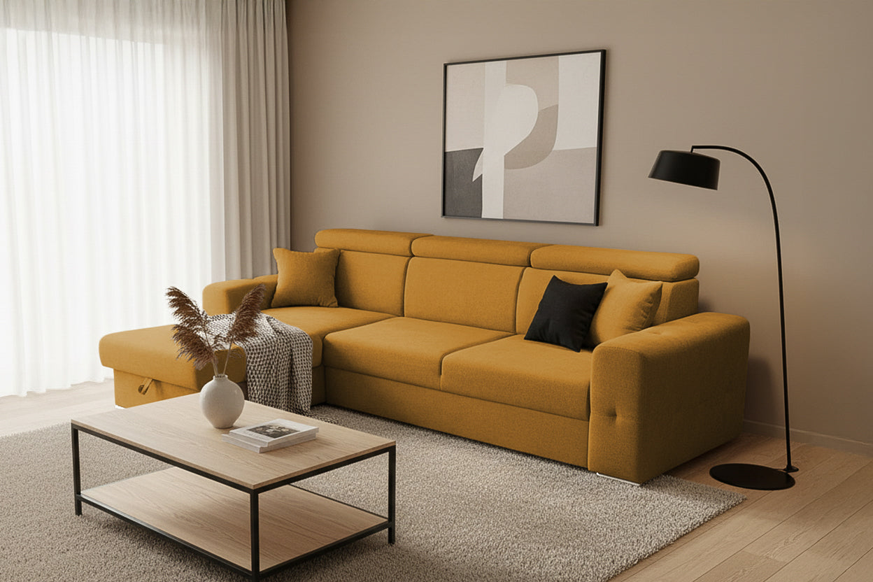 Colțar Extensibil BELLAGIO, șezlong interschimbabil, cu ladă de depozitare, cu tetiere reglabile, 280x170x100 cm Prestige Home