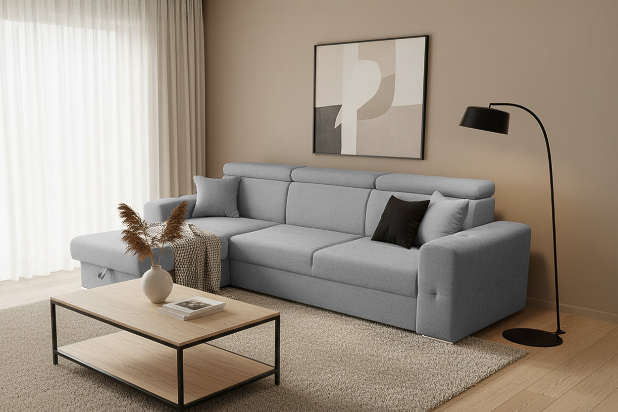 Colțar Extensibil BELLAGIO, șezlong interschimbabil, cu ladă de depozitare, cu tetiere reglabile, 280x170x100 cm Prestige Home