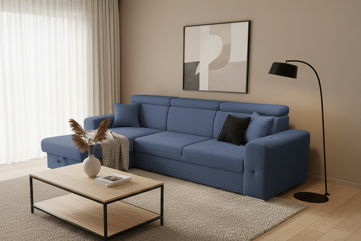 Colțar Extensibil BELLAGIO, șezlong interschimbabil, cu ladă de depozitare, cu tetiere reglabile, 280x170x100 cm Prestige Home