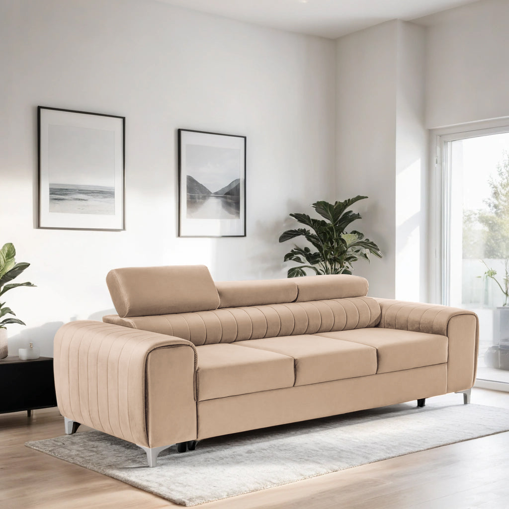 Canapea Extensibilă 3 locuri TIME, cu tetiere reglabile, cu suport lombar, 255x97x94 cm #color_Bej-Velluto