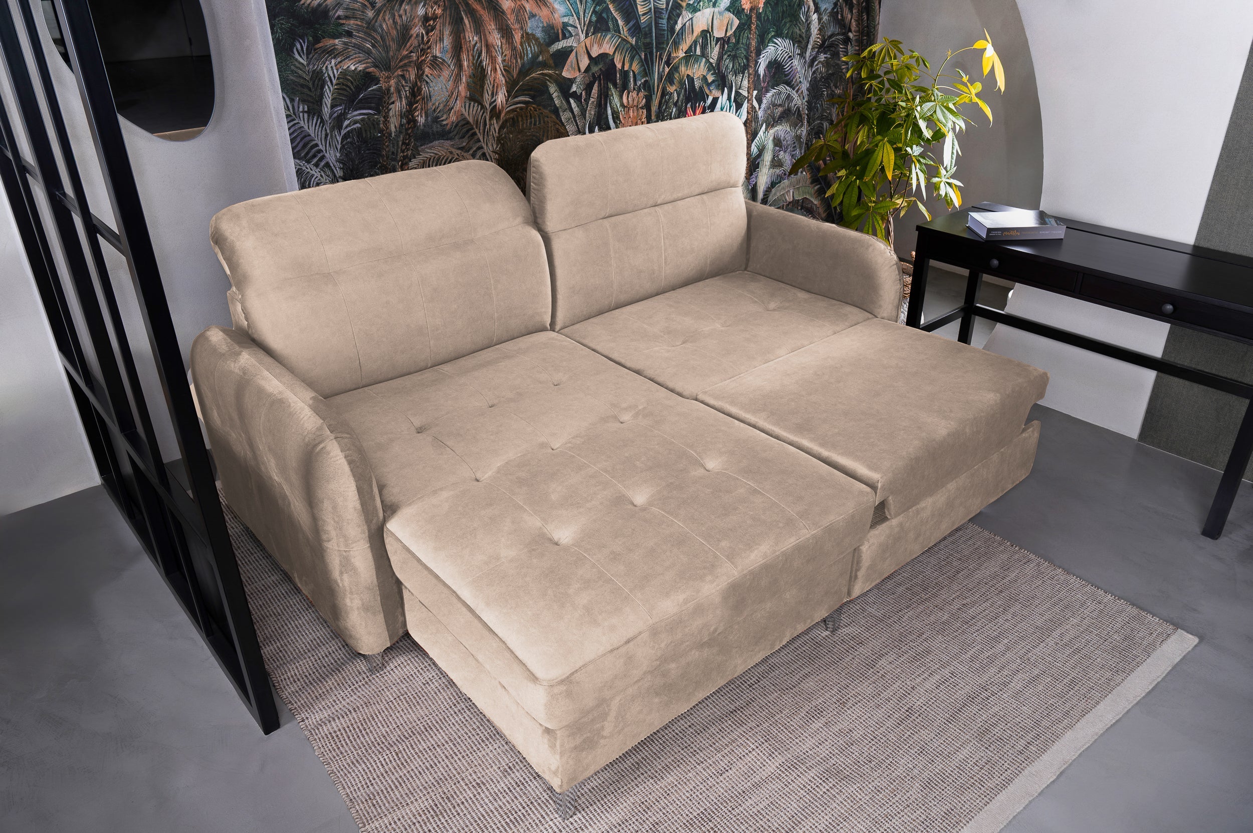 Colțar Extensibil STUDIO, cu lada depozitare, cu tetiere reglabile, 220 x 160 x 105 cm Prestige Home