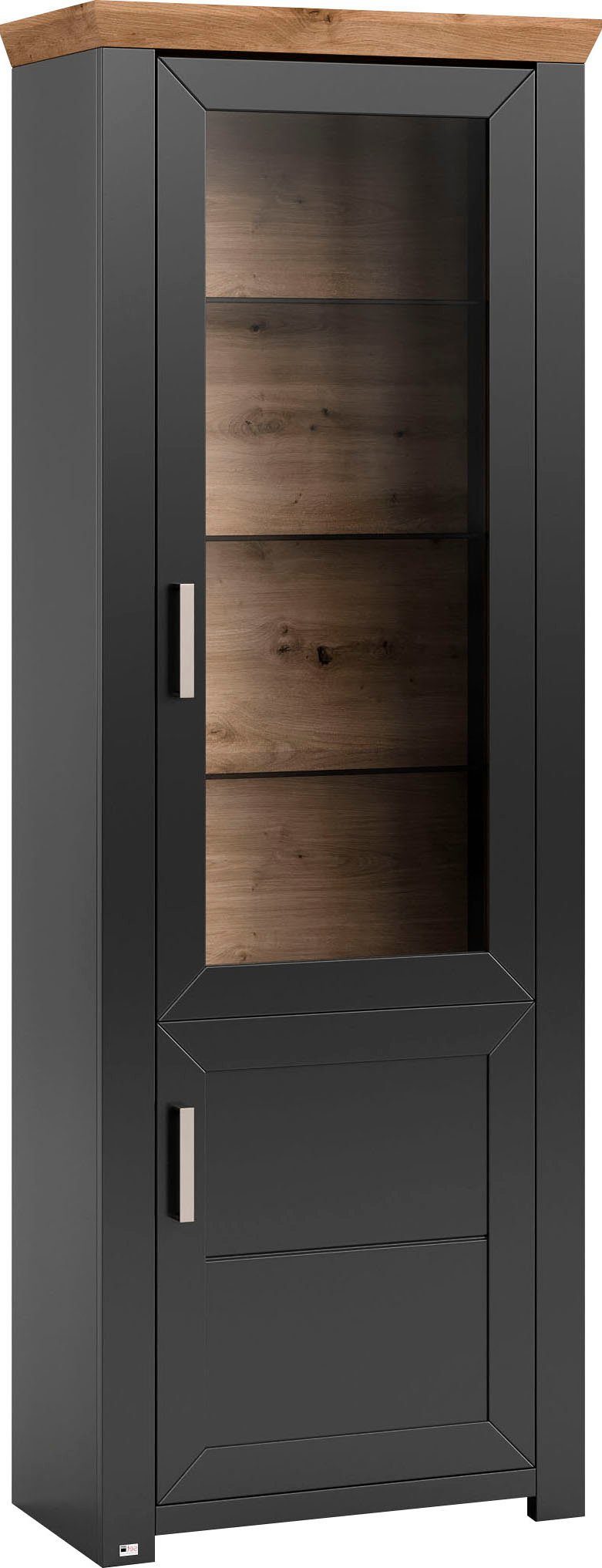 Vitrină York gri antracit / stejar, 207 cm înălțime, cu uși din sticlă și rafturi din sticlă Arboteca