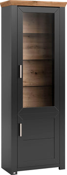 Vitrină York gri antracit / stejar, 207 cm înălțime, cu uși din sticlă și rafturi din sticlă Arboteca