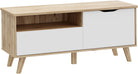 Comodă TV Vankka scandinavă, alb/lemn, 124×54×41 cm, picioare lemn masiv Arboteca