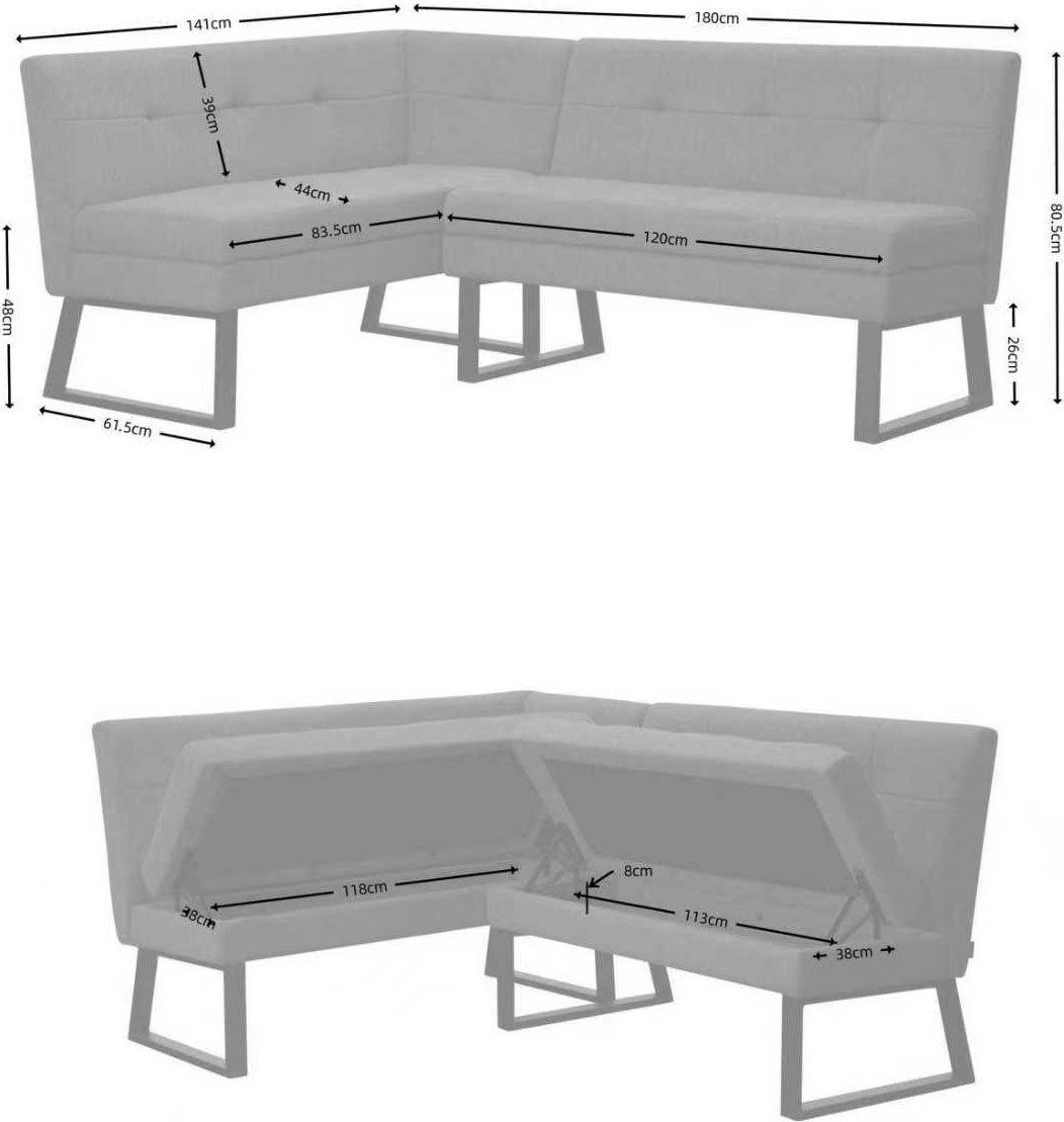 Set colțar bucătărie Geranium, masă și 2 scaune, 180×141×80,5 cm ,dreapta Arboteca