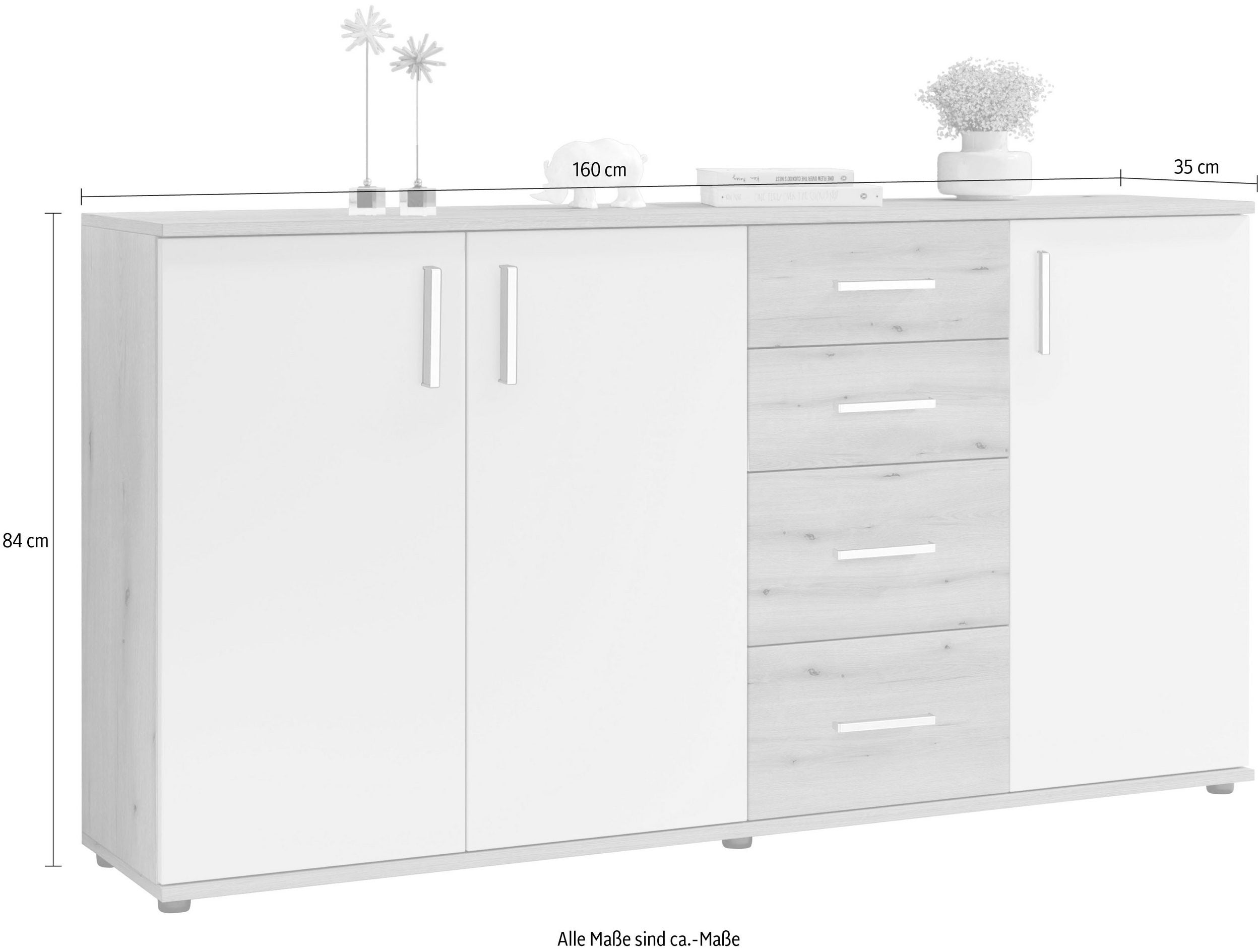 Comodă cu 3 uși și 4 sertare, Stejar Rustica / Alb, 160×84 cm Arboteca