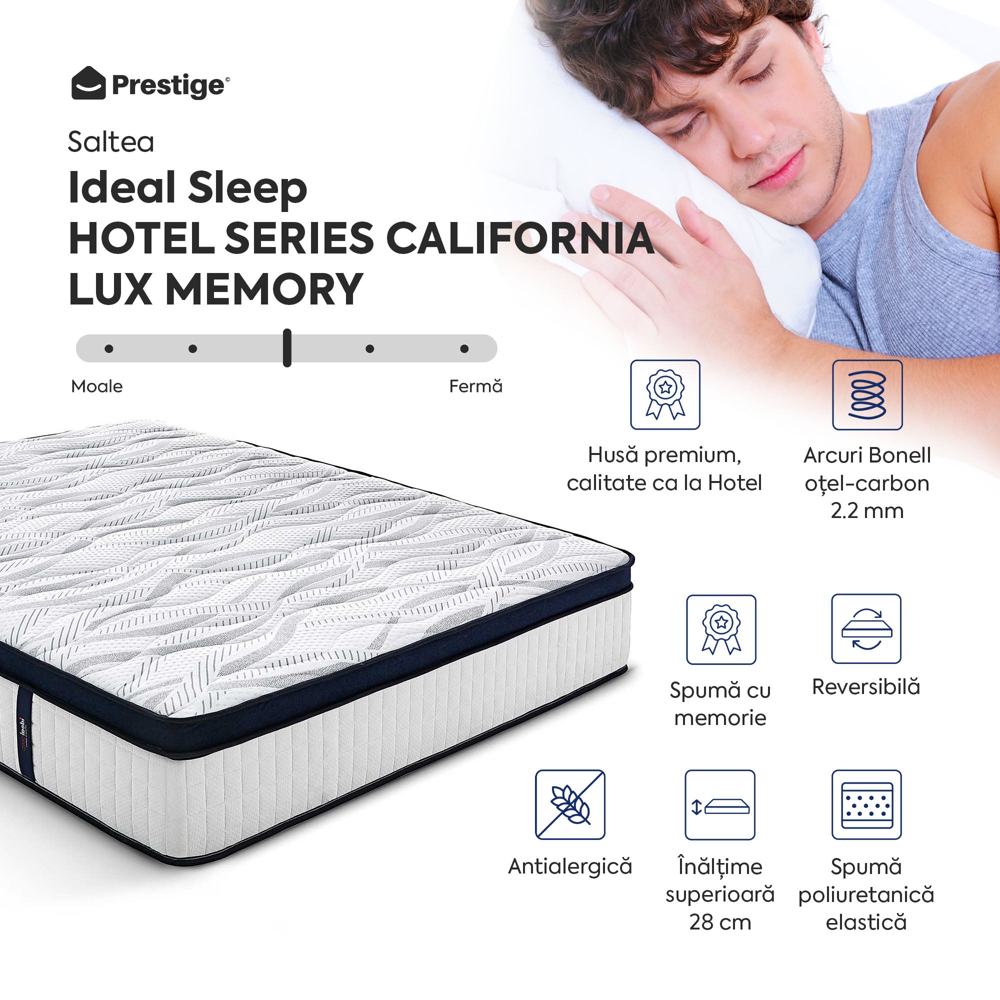 Saltea Ideal Sleep HOTEL SERIES CALIFORNIA LUX MEMORY, Arcuri Bonell, spumă poliuretanică elastică, spumă cu memorie, husă cu aerisire optimă, superortopedică, Grosime 28 cm - Prestige Home