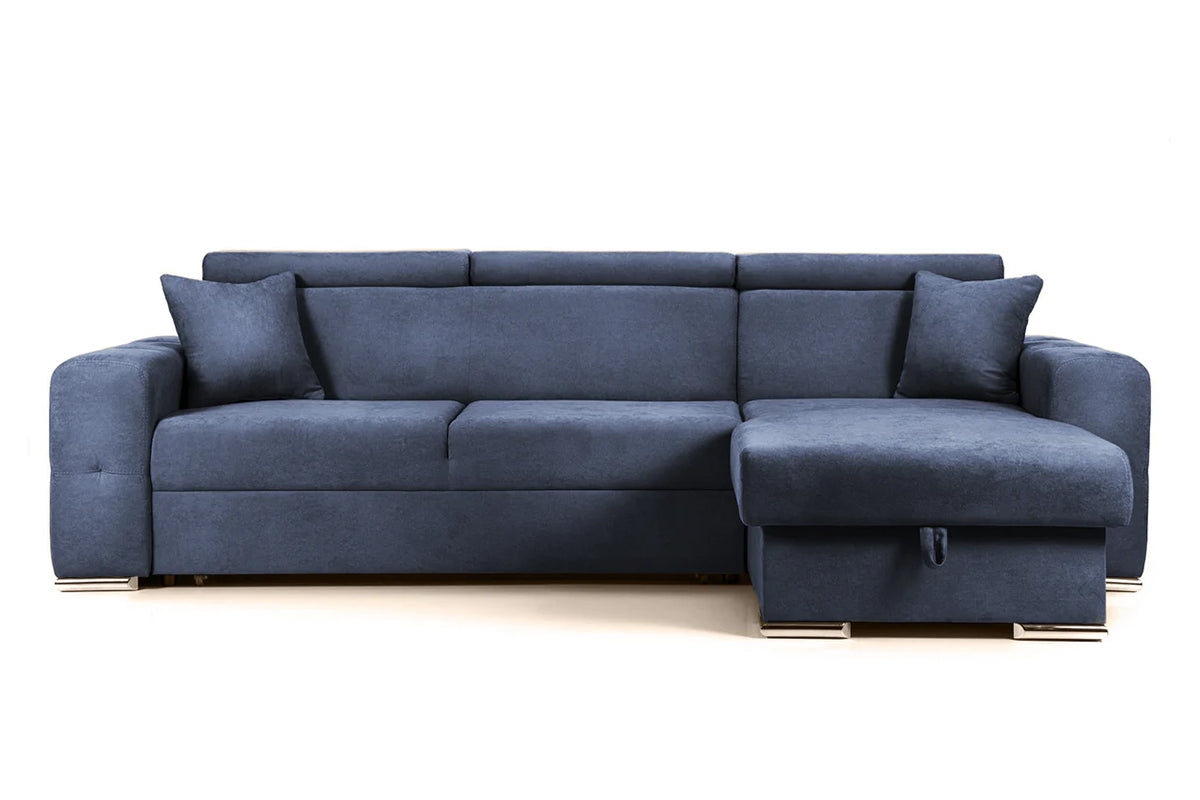 Colțar Extensibil BELLAGIO, șezlong interschimbabil, cu ladă de depozitare, cu tetiere reglabile, 280x170x100 cm Albastru-Inchis-Enjoy Dreapta Prestige Home