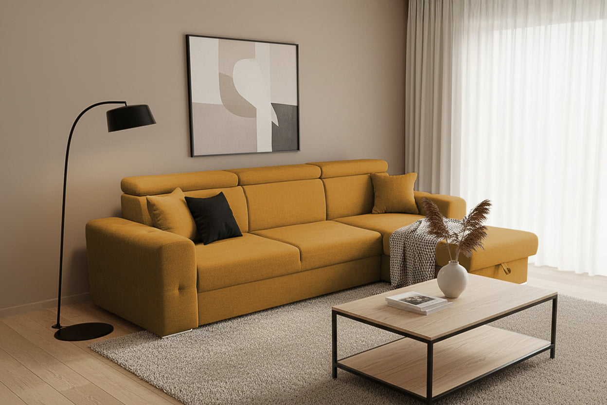 Colțar Extensibil BELLAGIO, șezlong interschimbabil, cu ladă de depozitare, cu tetiere reglabile, 280x170x100 cm Prestige Home