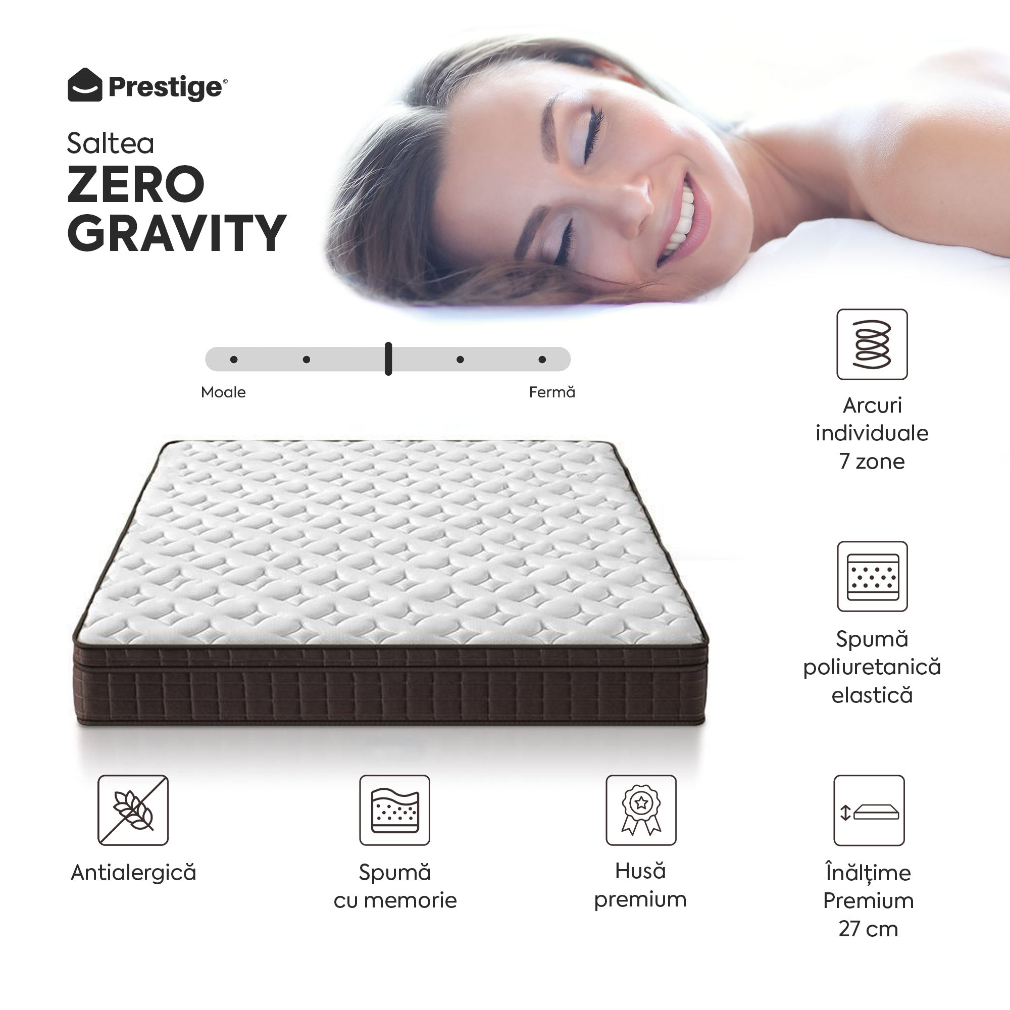 ZERO GRAVITY, 7 zone de confort, Arcuri Individuale, spumă poliuretanică elastică, spumă cu memorie, husă cu efect antialergic, superortopedică, Grosime 27 cm  - Prestige Home 