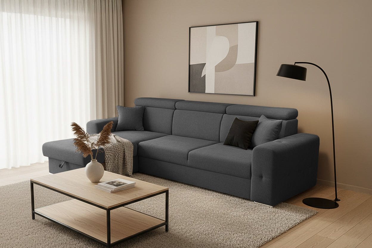 Colțar Extensibil BELLAGIO, șezlong interschimbabil, cu ladă de depozitare, cu tetiere reglabile, 280x170x100 cm Prestige Home