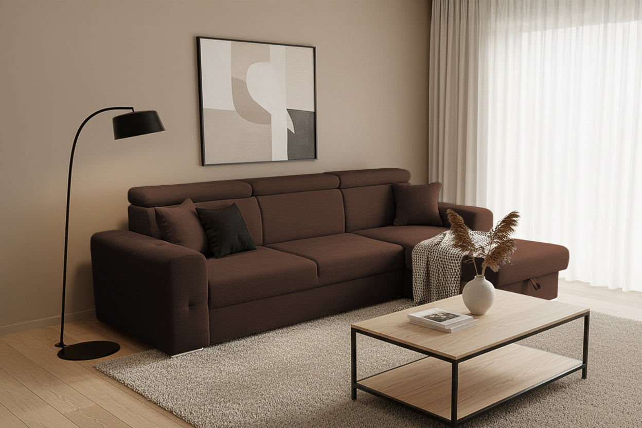 Colțar Extensibil BELLAGIO, șezlong interschimbabil, cu ladă de depozitare, cu tetiere reglabile, 280x170x100 cm Prestige Home