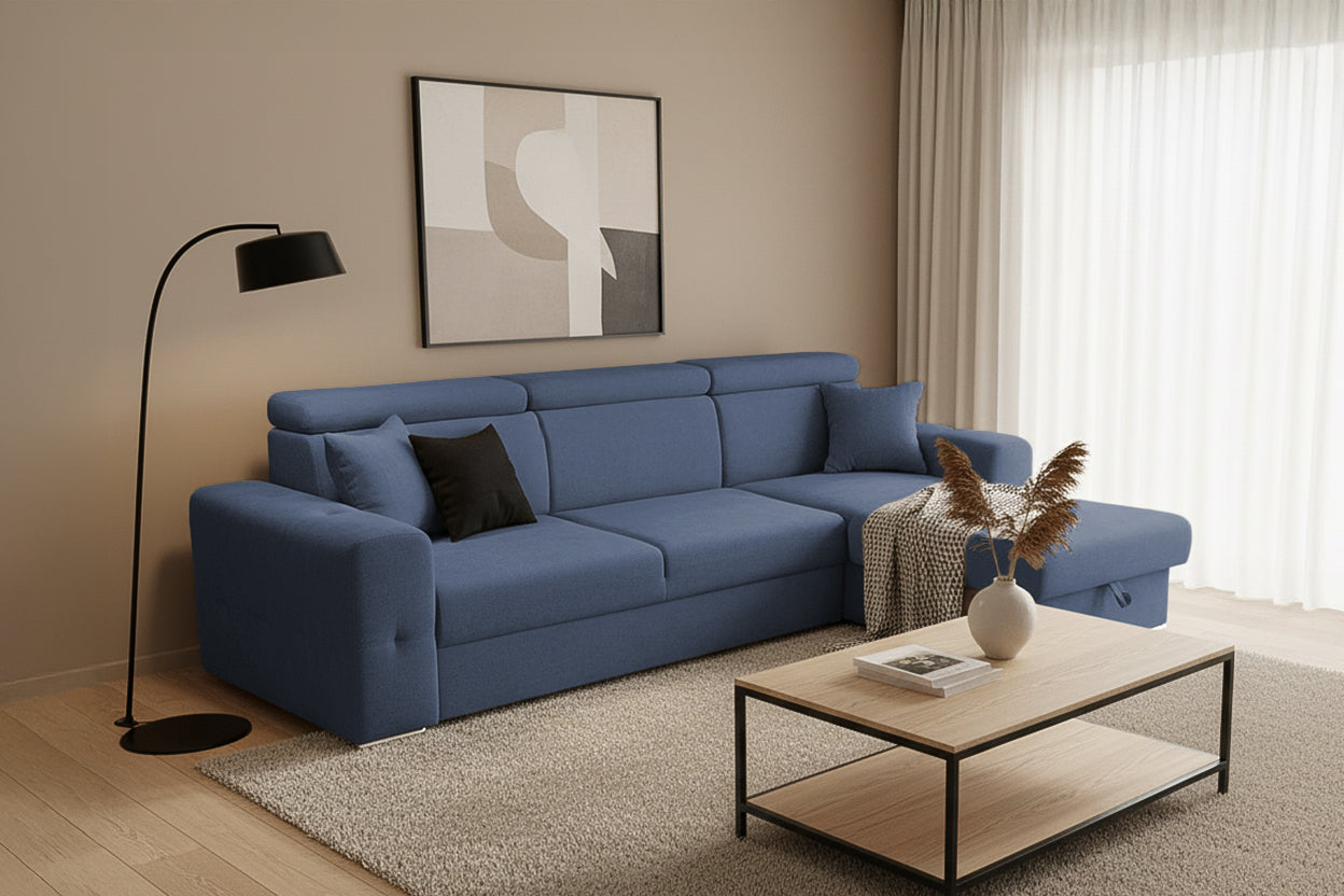 Colțar Extensibil BELLAGIO, șezlong interschimbabil, cu ladă de depozitare, cu tetiere reglabile, 280x170x100 cm Prestige Home