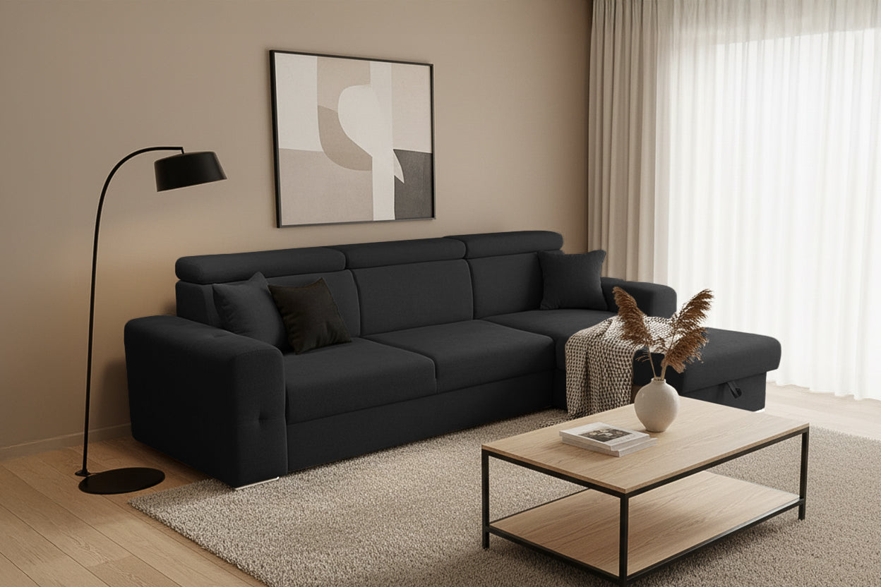 Colțar Extensibil BELLAGIO, șezlong interschimbabil, cu ladă de depozitare, cu tetiere reglabile, 280x170x100 cm Prestige Home