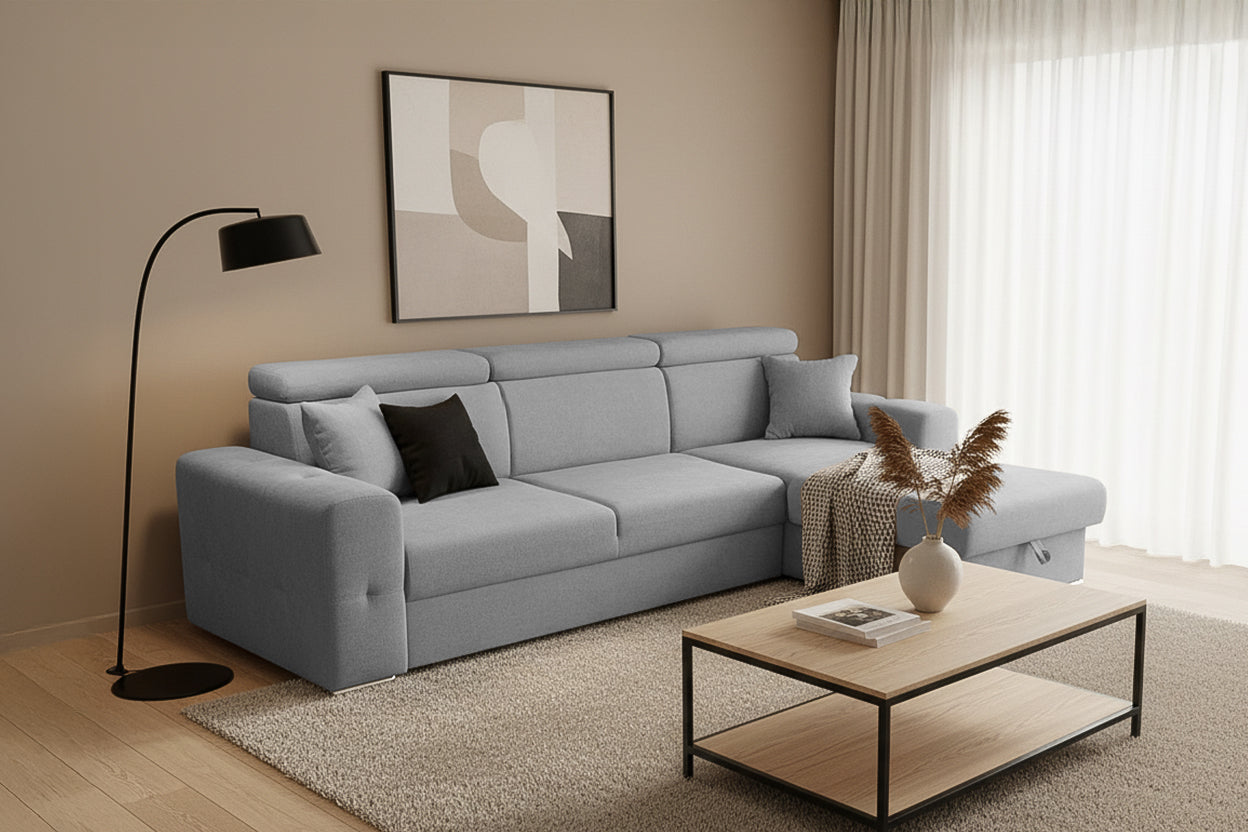 Colțar Extensibil BELLAGIO, șezlong interschimbabil, cu ladă de depozitare, cu tetiere reglabile, 280x170x100 cm Prestige Home