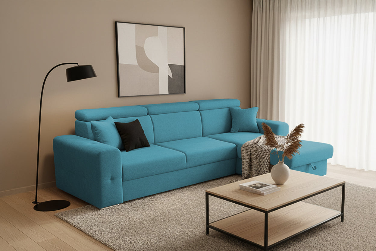 Colțar Extensibil BELLAGIO, șezlong interschimbabil, cu ladă de depozitare, cu tetiere reglabile, 280x170x100 cm Prestige Home
