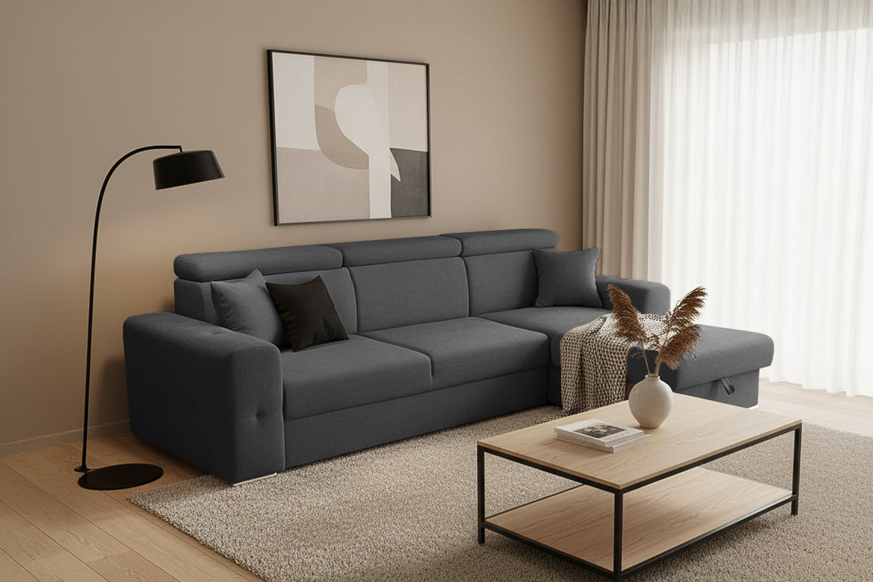 Colțar Extensibil BELLAGIO, șezlong interschimbabil, cu ladă de depozitare, cu tetiere reglabile, 280x170x100 cm Prestige Home