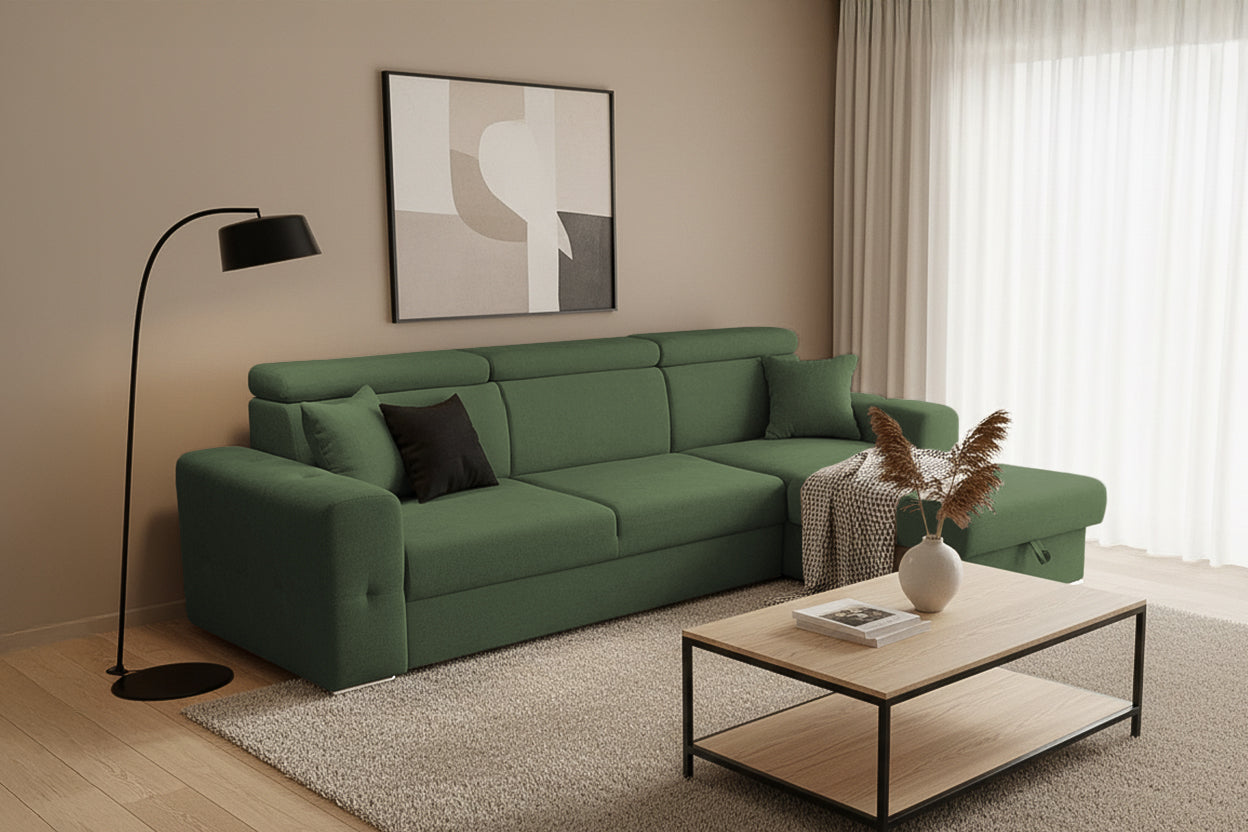 Colțar Extensibil BELLAGIO, șezlong interschimbabil, cu ladă de depozitare, cu tetiere reglabile, 280x170x100 cm Prestige Home