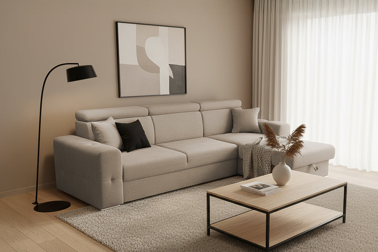 Colțar Extensibil BELLAGIO, șezlong interschimbabil, cu ladă de depozitare, cu tetiere reglabile, 280x170x100 cm Prestige Home
