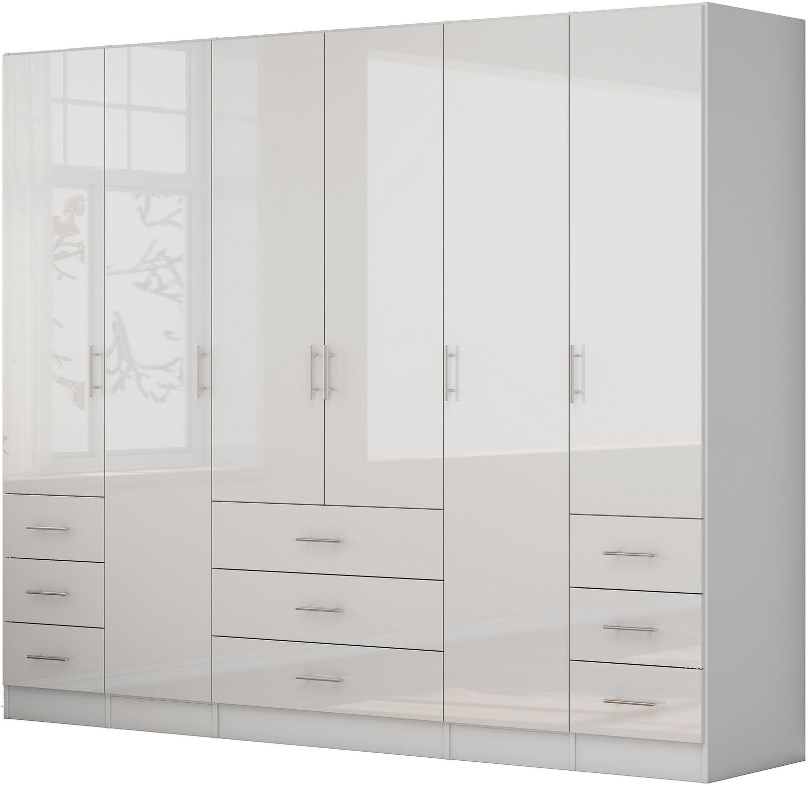 Dulap Trento cu 6 uși și 9 sertare, alb lucios, 240×200×56 cm Arboteca