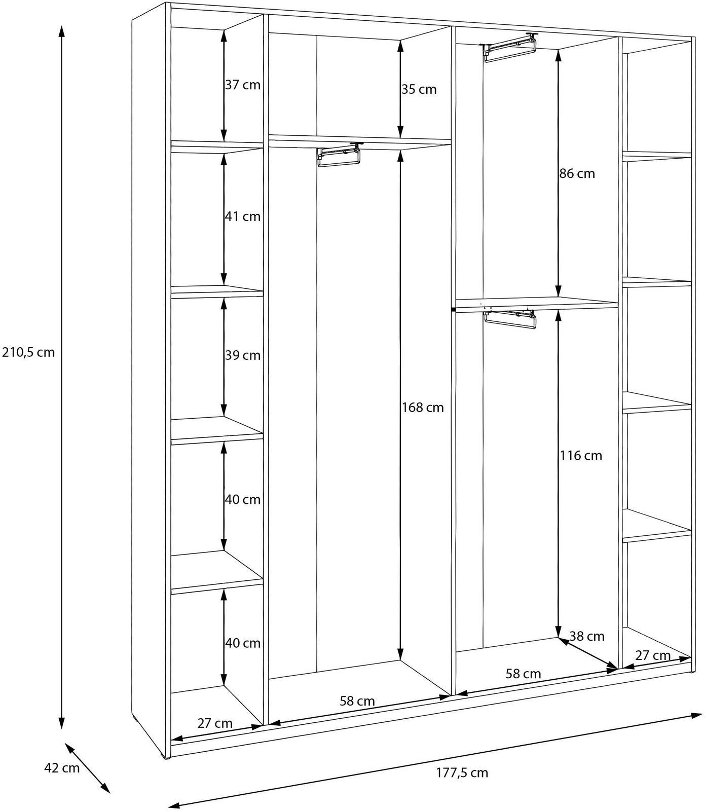 Dulap Forte cu 4 uși, alb, 177×210×42 cm, adâncime redusă Arboteca