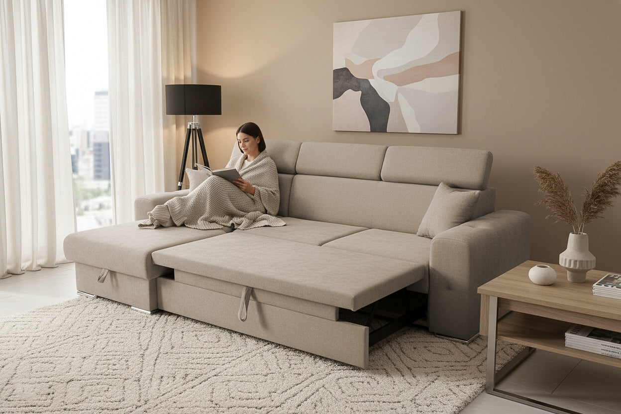Colțar Extensibil BELLAGIO, șezlong interschimbabil, cu ladă de depozitare, cu tetiere reglabile, 280x170x100 cm Prestige Home