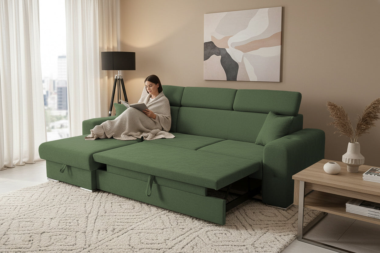 Colțar Extensibil BELLAGIO, șezlong interschimbabil, cu ladă de depozitare, cu tetiere reglabile, 280x170x100 cm Prestige Home