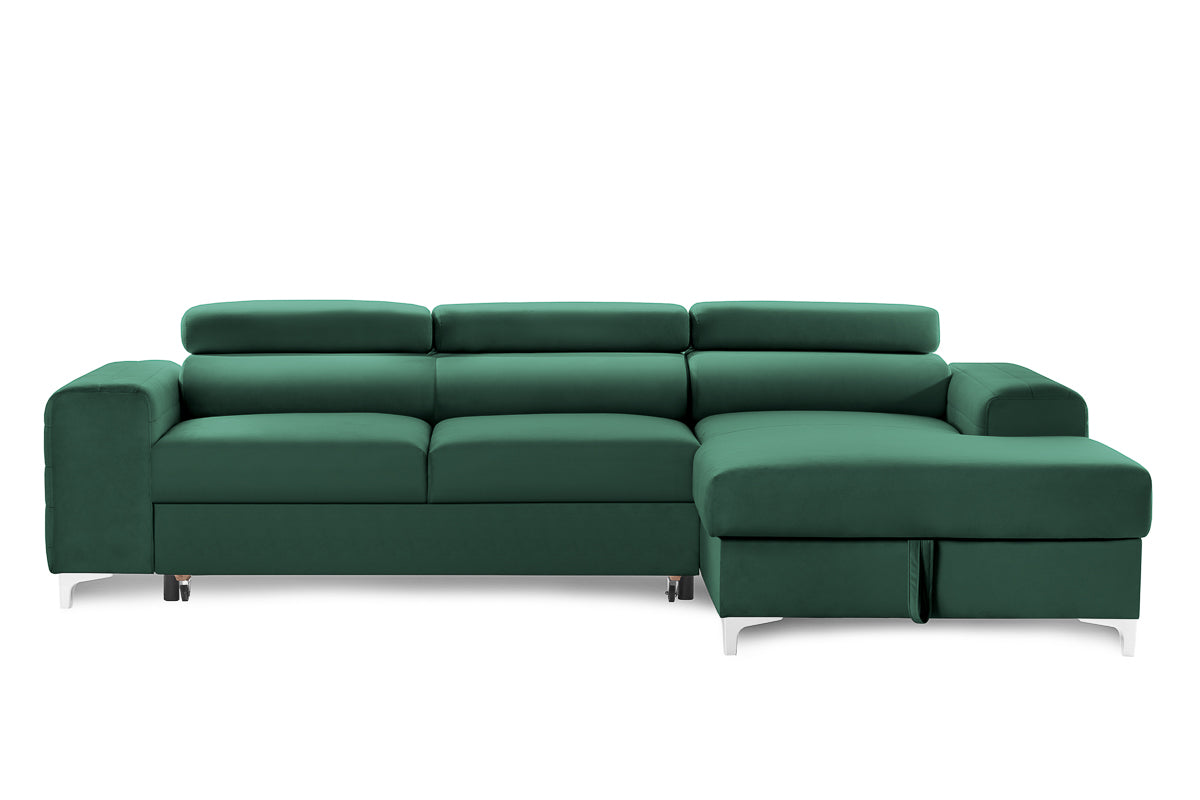 Colțar Extensibil LOFT NEW, cu lada depozitare, tetiere reglabile, 290x170x95 cm Verde-Padure-Velluto Prestige Home