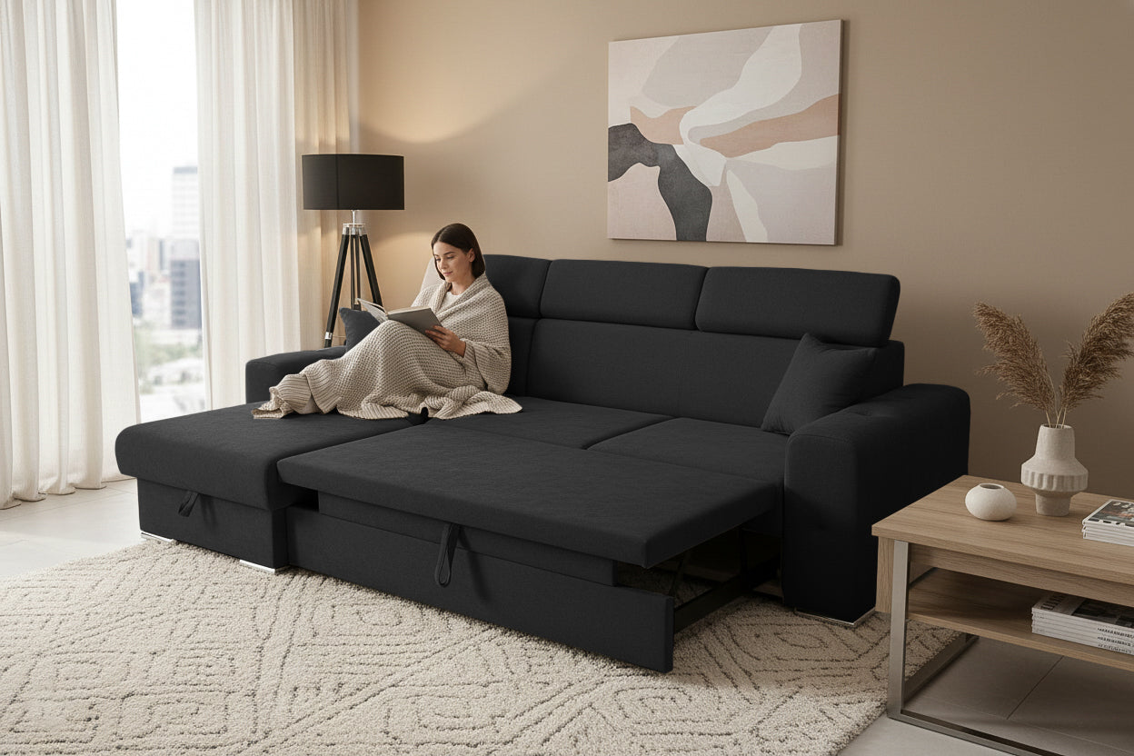 Colțar Extensibil BELLAGIO, șezlong interschimbabil, cu ladă de depozitare, cu tetiere reglabile, 280x170x100 cm Prestige Home